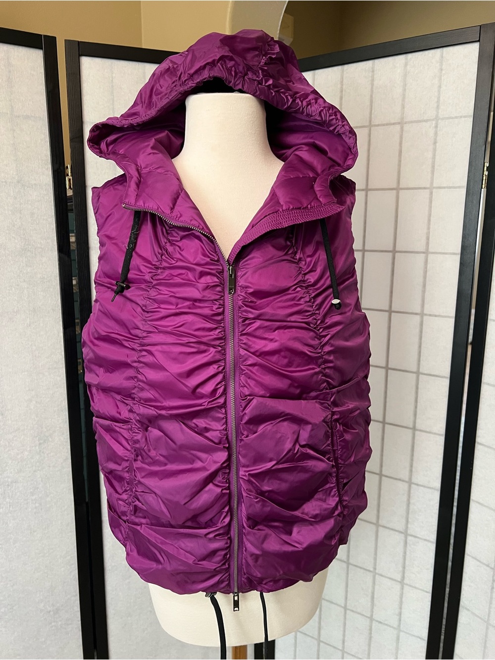 DKNYC Hooded Ruched Puffer Vest in Deep Magenta